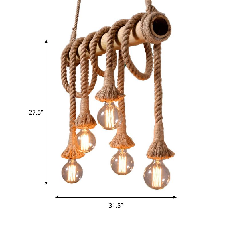 3/4 Lights Open Bulb Island Light Lodge Industrial Beige Adjustable Rope Ceiling Light with Bamboo