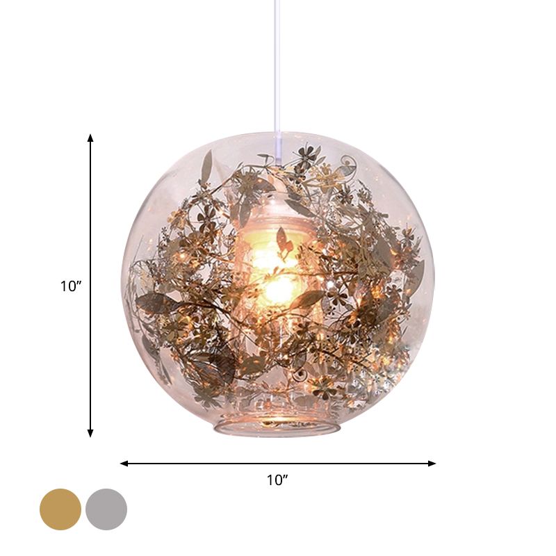 Globe Clear Glass Pendulum Light Modern 1 Head Silver/Gold Ceiling Hang Lamp with Scattered Flower Decor