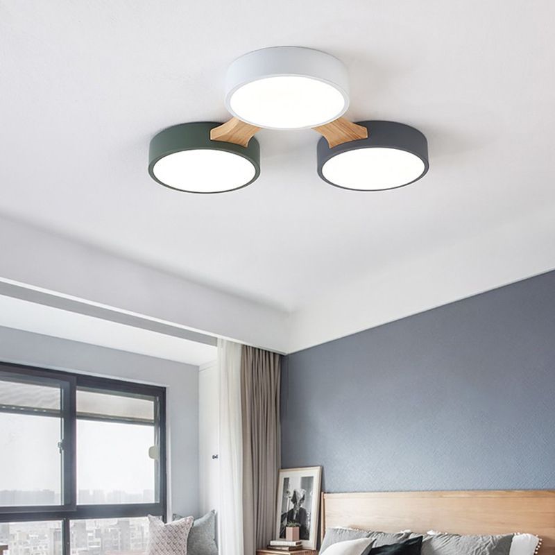Plafonnier LED Macaron en bois de style créatif moderne, plafonnier circulaire en fer forgé avec abat-jour en acrylique