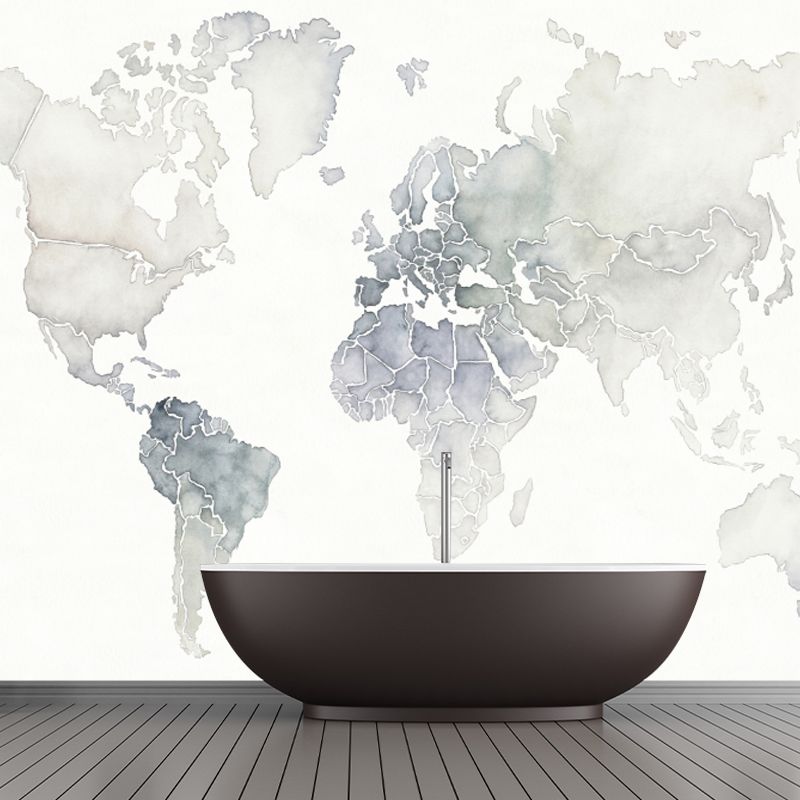 Pewter Minimalist Mural Full Size World Map Wall Covering for Accent Wall