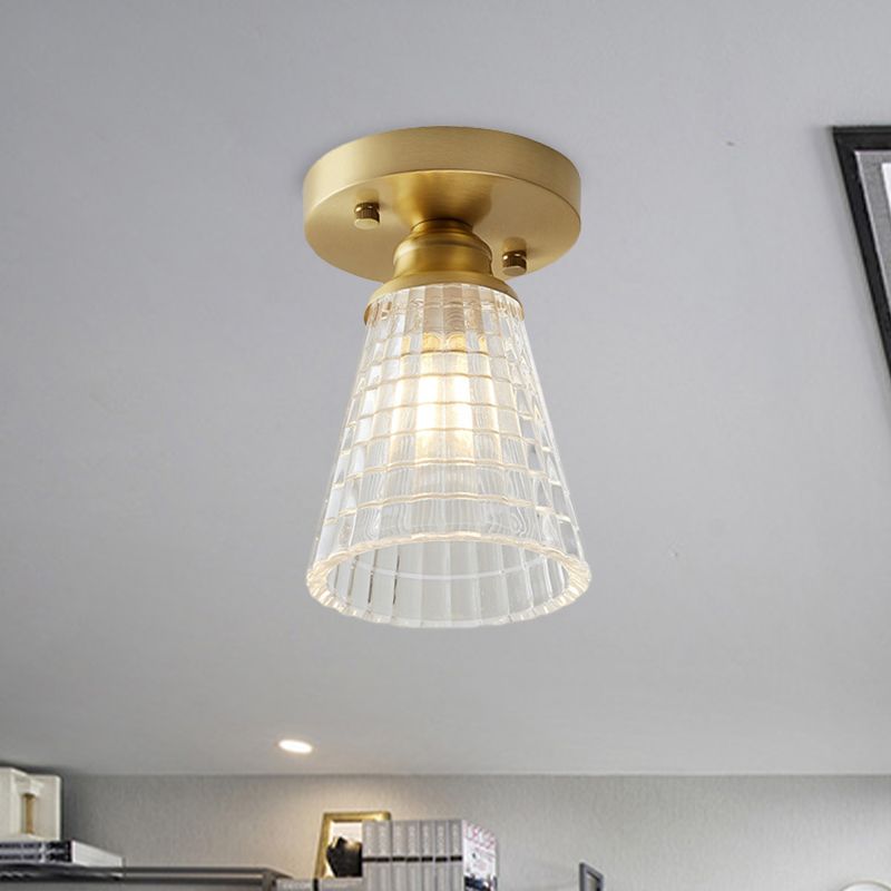 Single Bulb Semi Flush Mount Industrial Cone Clear Textured Glass Ceiling Light in Brass for Living Room