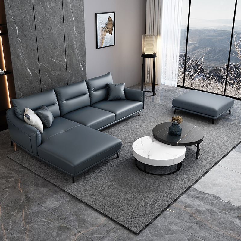 34.64 " H Blue Faux Leather Square Arm Sofa & Chaise for Living Room