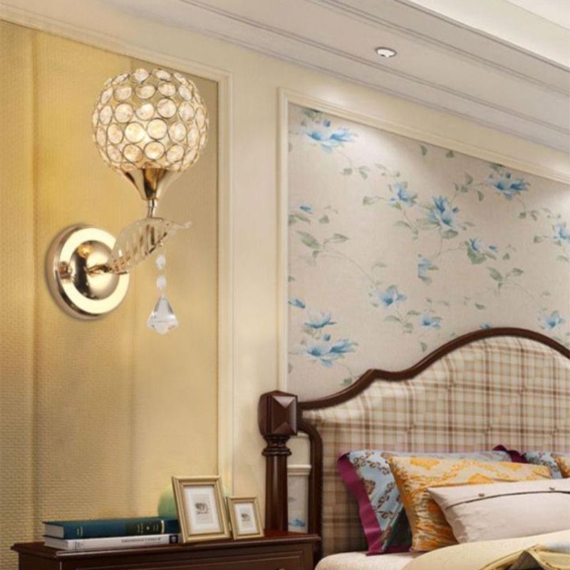 Modern Pull-Chain Wall Lamp Gold Global Wall Mounted Light with Crystal Shade