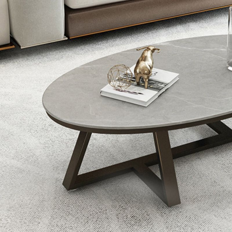 17.7" Tall Iron Cross Legs Cocktail Table Oval Slate Top Coffee Table