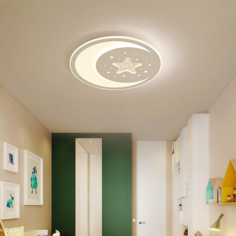 Starry Moon Night Nursery Ceiling Light Acrylic Kids LED Flush Mount Light Fixture in White