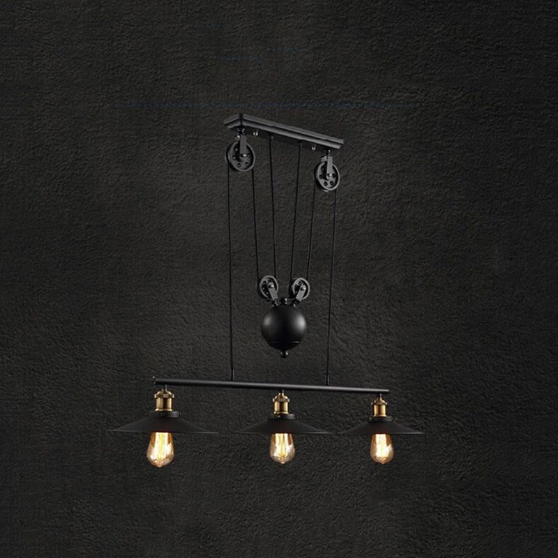 Black 3-Light Pulley Island Pendant Light in Industrial Retro Style Wrought Iron Hanging Lamp for Dining Room