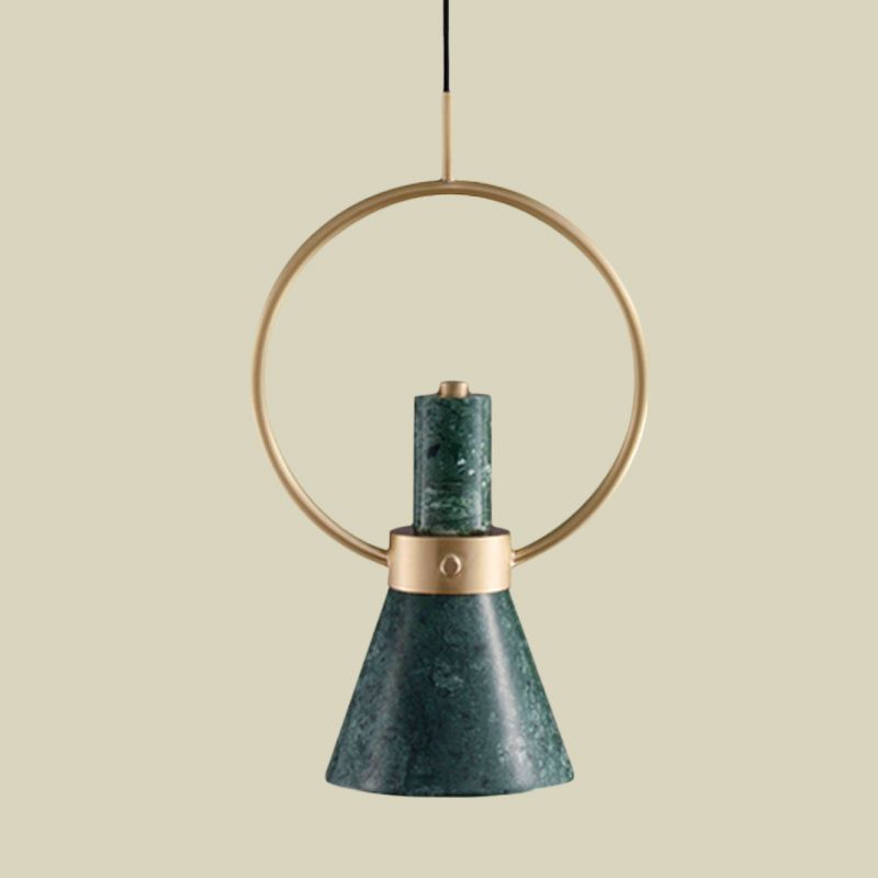 Marble Flared Pendant Light Nordic 1 Bulb Hanging Ceiling Lamp in Green with Gold Ring