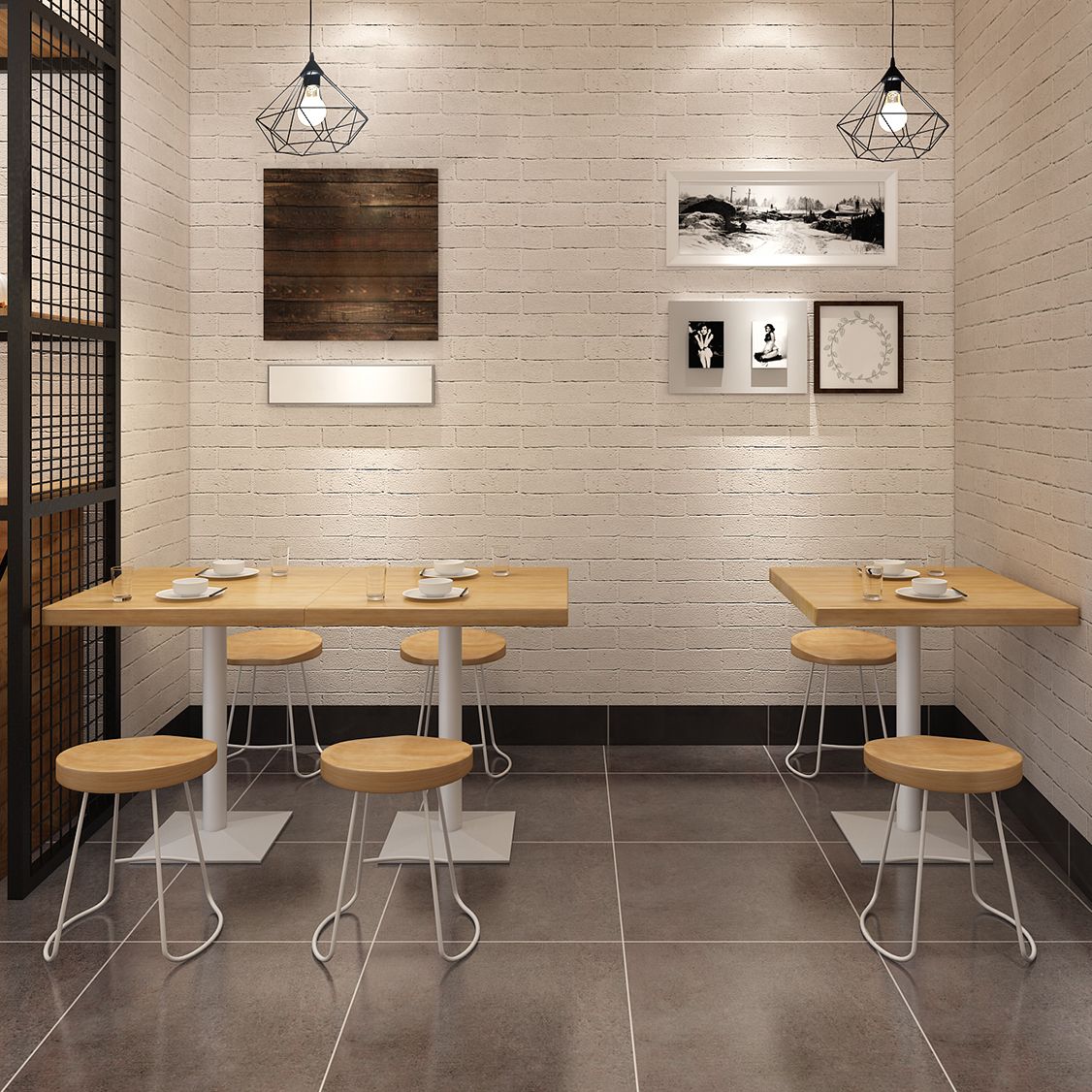 Metal Industrial Square Dining Table Pine Wood Top Table with Pedestal