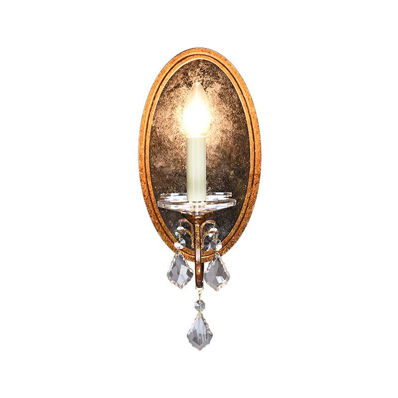Open Bulb Wall Sconce French Country Clear Crystal 1 Head Antique Brass Wall Lighting with Oval Backplate