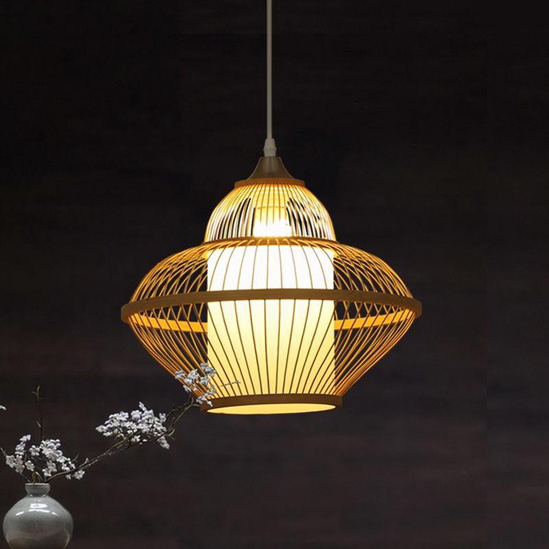 Beige Gourd Shaped Hanging Lighting Asian Stylish 1 Light Bamboo Pendant Lamp with Inner Cylinder Shade