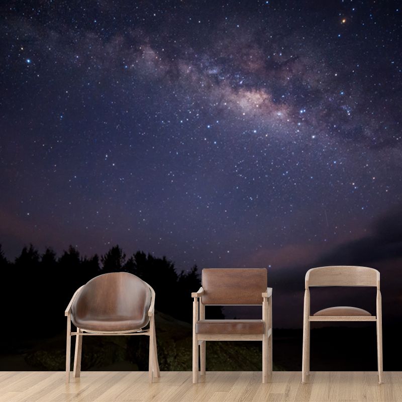 Huge Scenery Wall Paper Mural Modern Enchanting Night Mountain with Starry Sky Wall Decor in Purple-Black