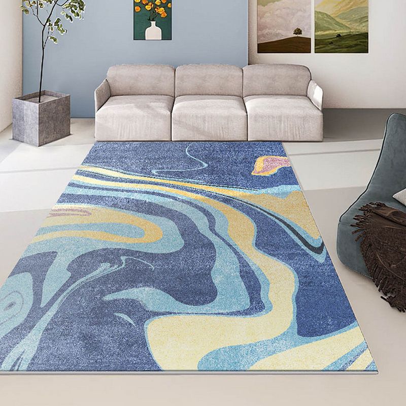 Modern Blue Rug Polyester Striped Area Rug Washable Rug for Drawing Room