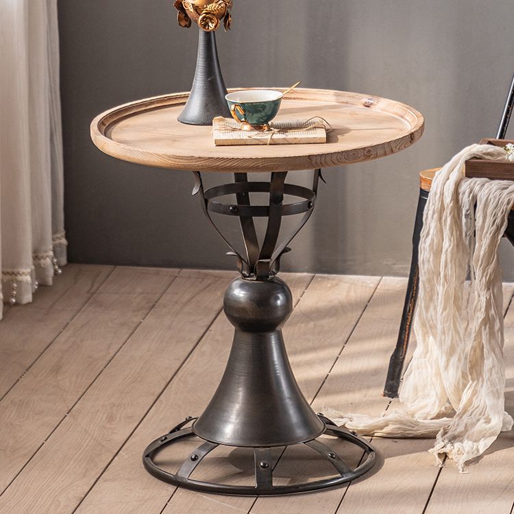 French Country Round Wood Top Side Table Iron Pedestal End Table