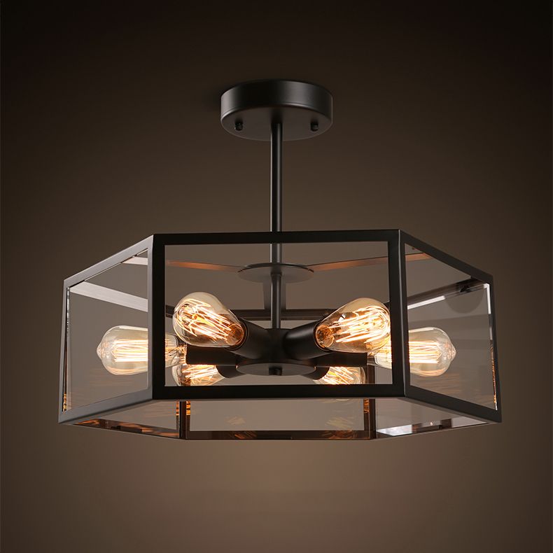 Hexagonal Glass Chandelier Light Fixture Industrial 6 Bulbs Suspension Light in Black