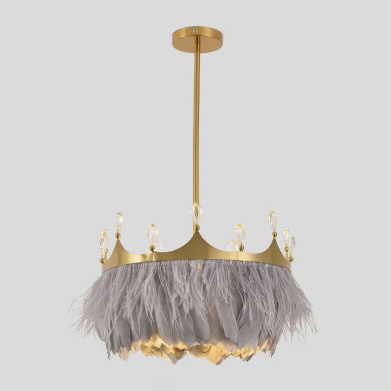Round Bedroom Suspension Light Feather 1 Bulb Simplicity Pendant Light with Crystal and Crown Decor in Gold