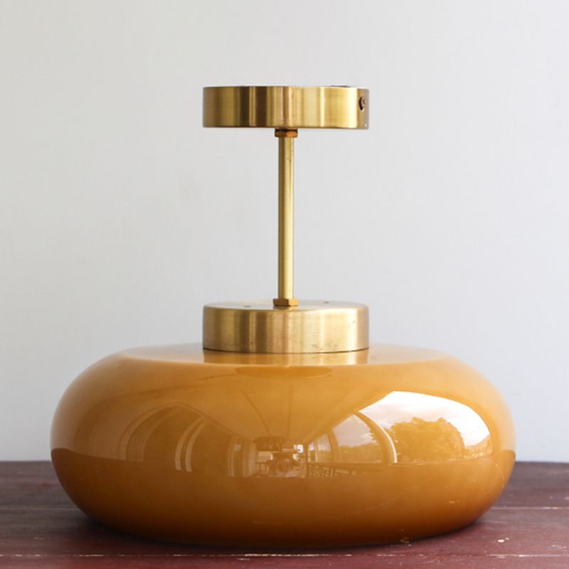 Colonial Style Brass Flush Mount Drum Hand-blown Glass Ceiling Light Fixture for Bathroom
