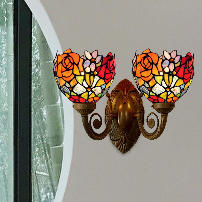 2 Lights Wall Sconce Light Tiffany Rose Patterned Stained Glass Wall Lamp in Bronze with Bowl Shade
