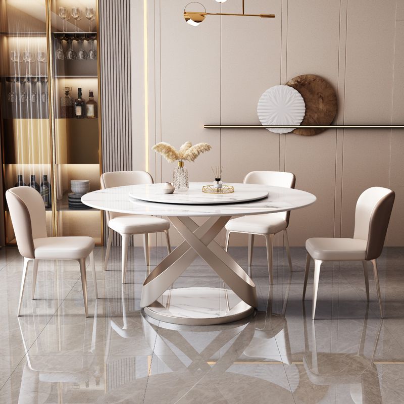 Round Pedestal Table Contemporary Style Stone Dining Site Table with Turntable