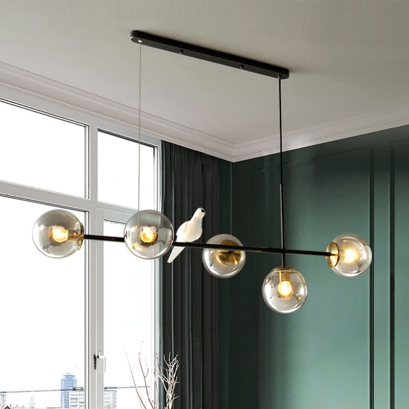 Industrial 5-Light Island Pendant with Amber/Milky White/Smoke Grey Glass Shade Brass Sphere Ceiling Light with Adjustable Cord