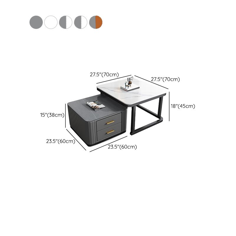 Modern Square Stone Coffee Table with Drawers 2 Nesting Cocktail Table Set