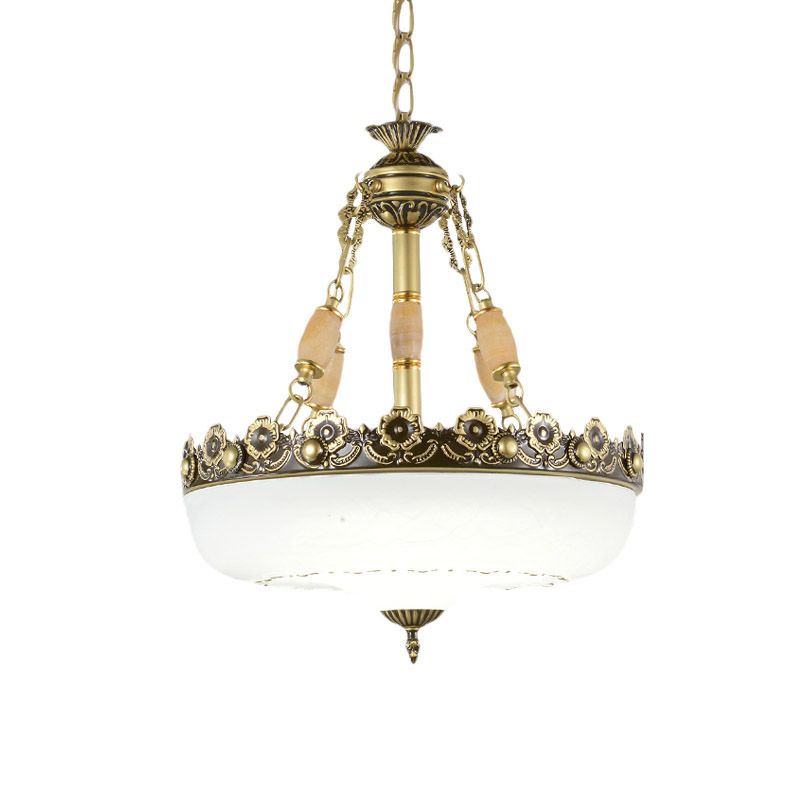 Beige/Bronze 3 Bulbs Chandelier Traditional White Glass Inverted Pendant Light with Carved Edge, 12"/16" W