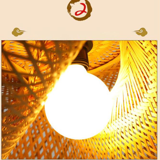Straw Hat Shaped Bamboo Weaving Suspension Lamp Asian Style Single Bulb Hanging Light with 47" Adjustable Hanging Wire