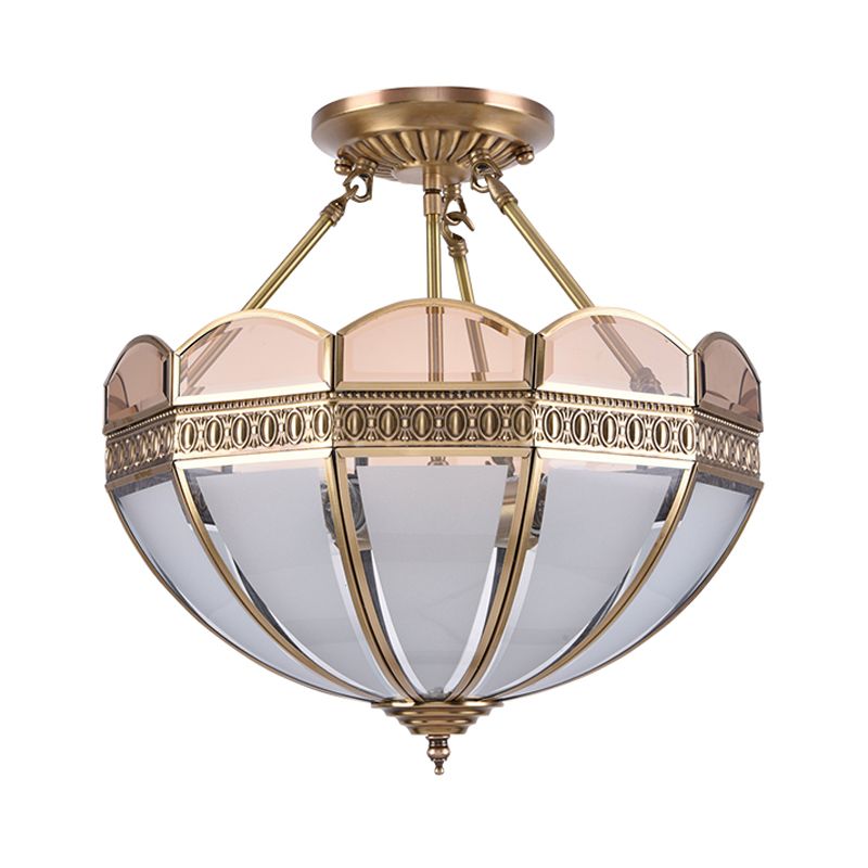4 Bulbs Umbrella Semi Flush Mount Light Traditional Frosted Glass Ceiling Mounted Fixture in Brass