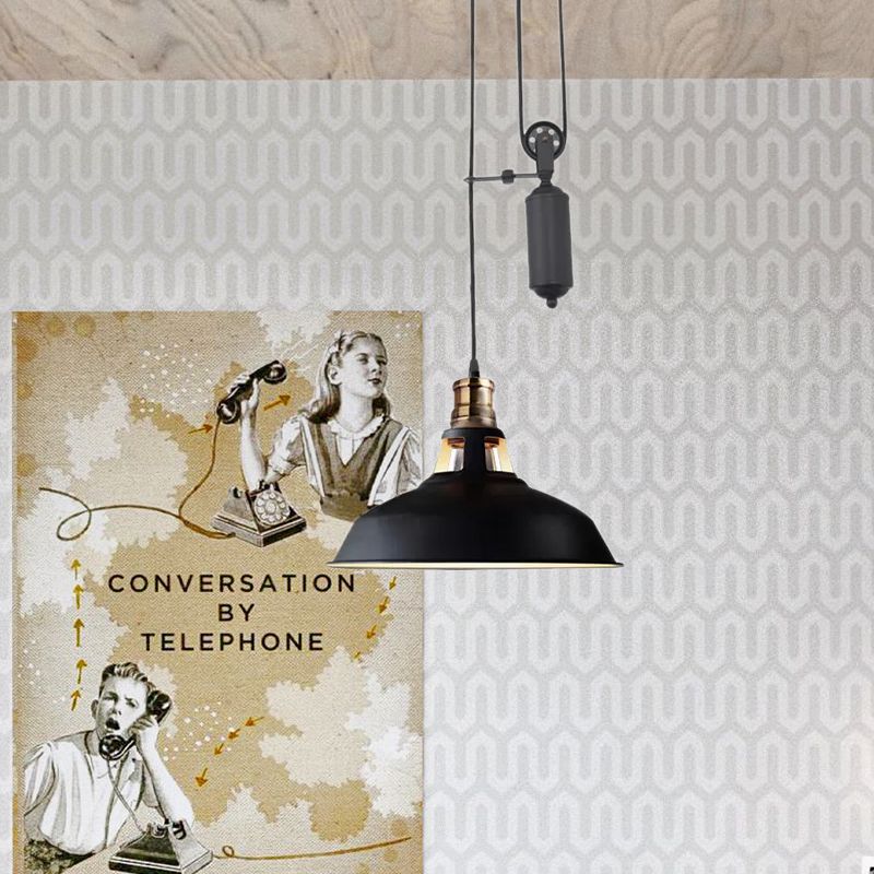 1 Light Barn Pendant Ceiling Lamp Farmhouse Style Black/Beige/Rust/White Metallic Hanging Light with Pulley for Bedroom
