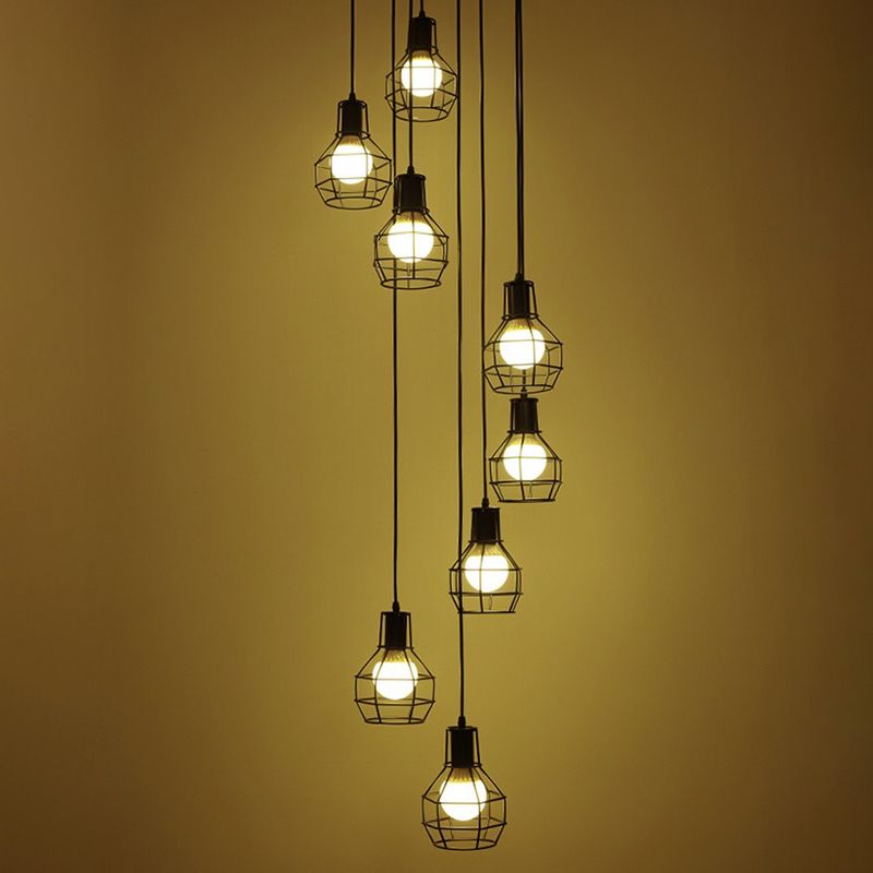 8-Light Pendant Lighting Industrial Cage Metal Suspension Light in Black for Staircase