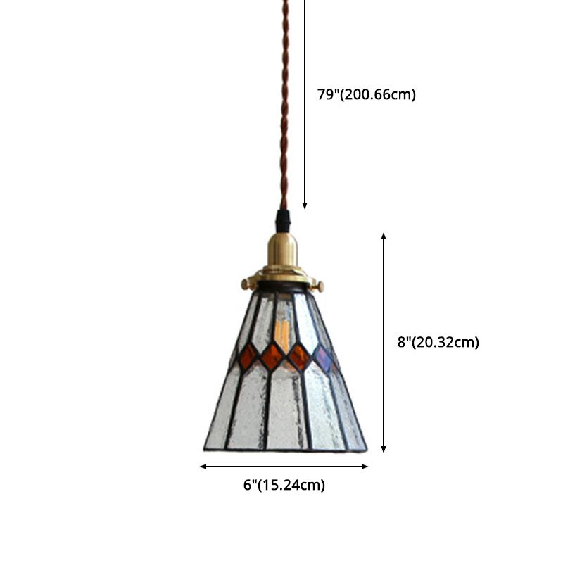 Vintage Conical Pendant Lamp 1-Light Tiffany Glass Hanging Light Fixture in Brass