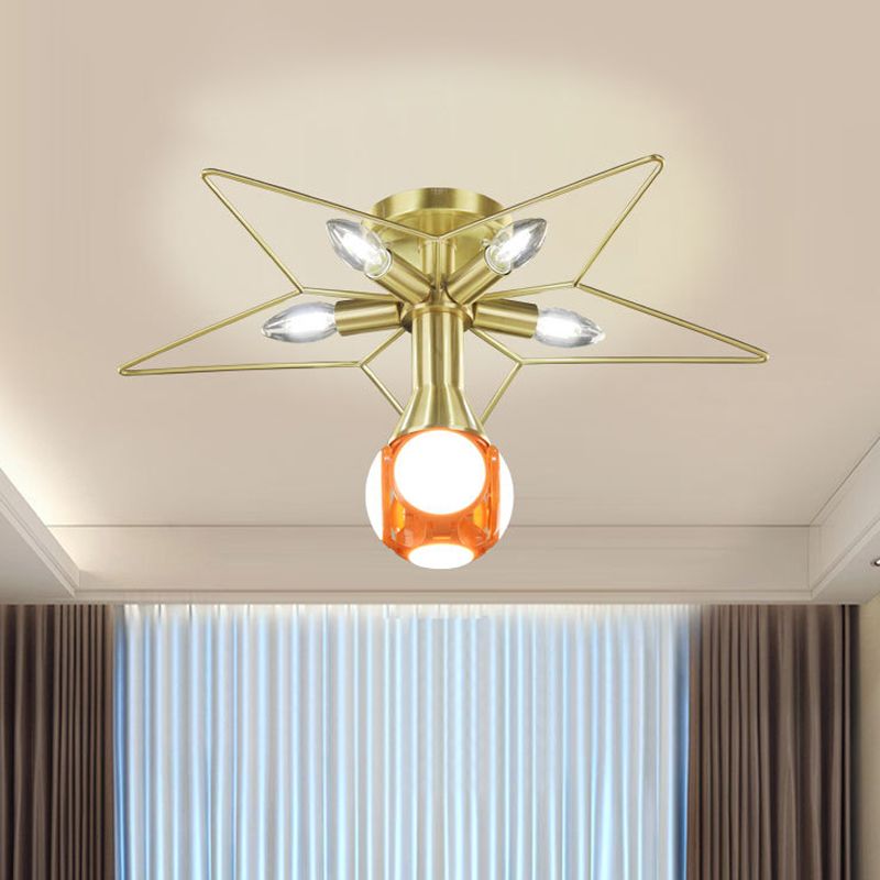 Modern 6 Bulbs Semi-Flush Mount Lighting with Metal Shade White/Red Star Ceiling Lamp for Bedroom