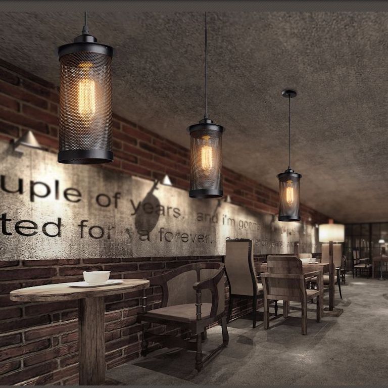 Black Cylindrical Iron Cage Hanging Light Retro Industrial Style Single Bulb Pendant Fixture