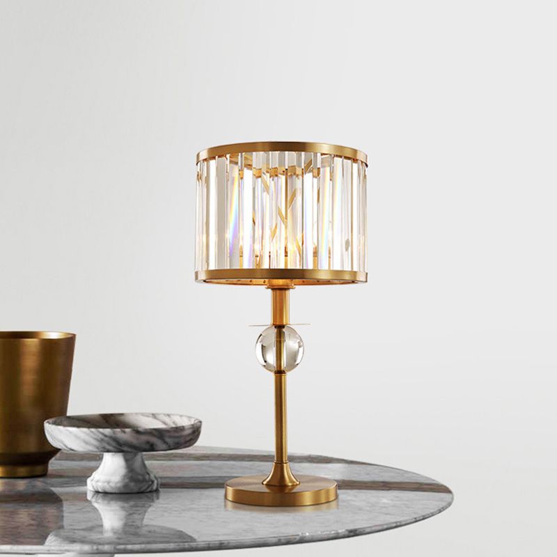 Brass 1 Head Night Table Light Post-Modern Prismatic Crystal Drum Shade Nightstand Lamp