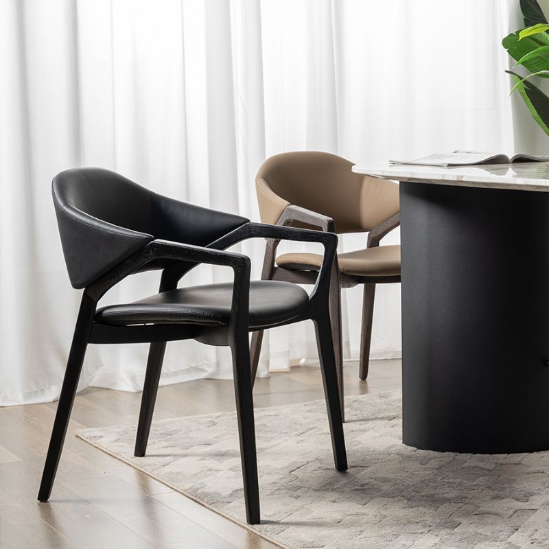 Leather Upholstered Dining Chair Solid Wood Frame Dining Arm Chair