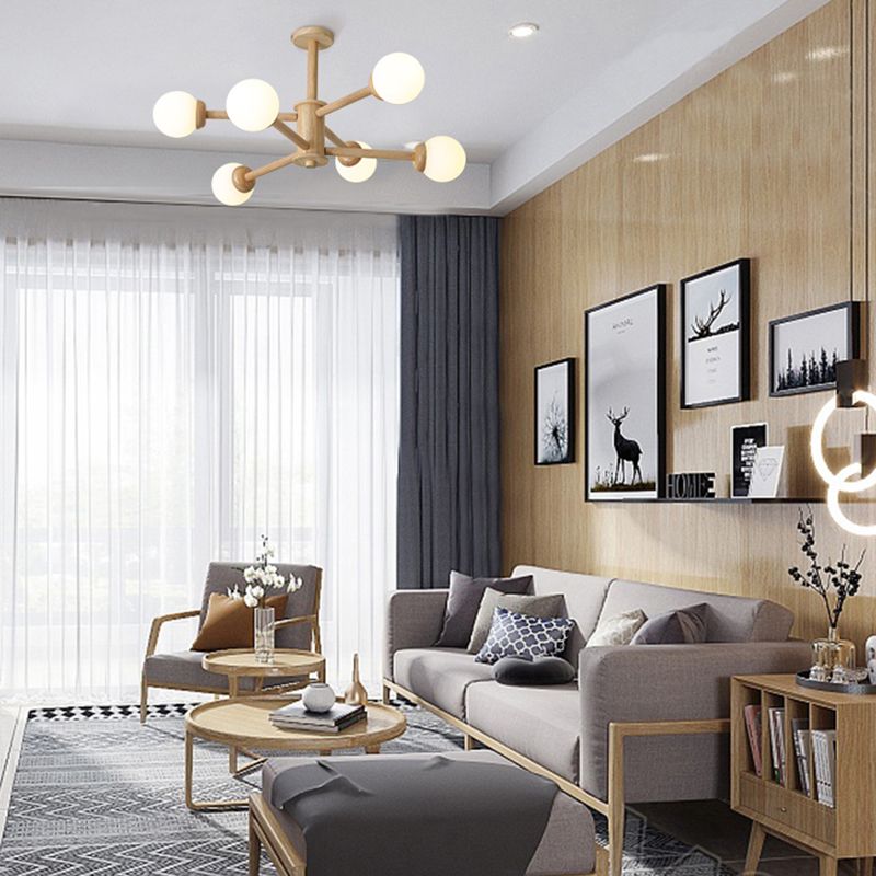 Wood Chandelier Nordic Style Pendant Lamp with White Glass Shade for Living Room