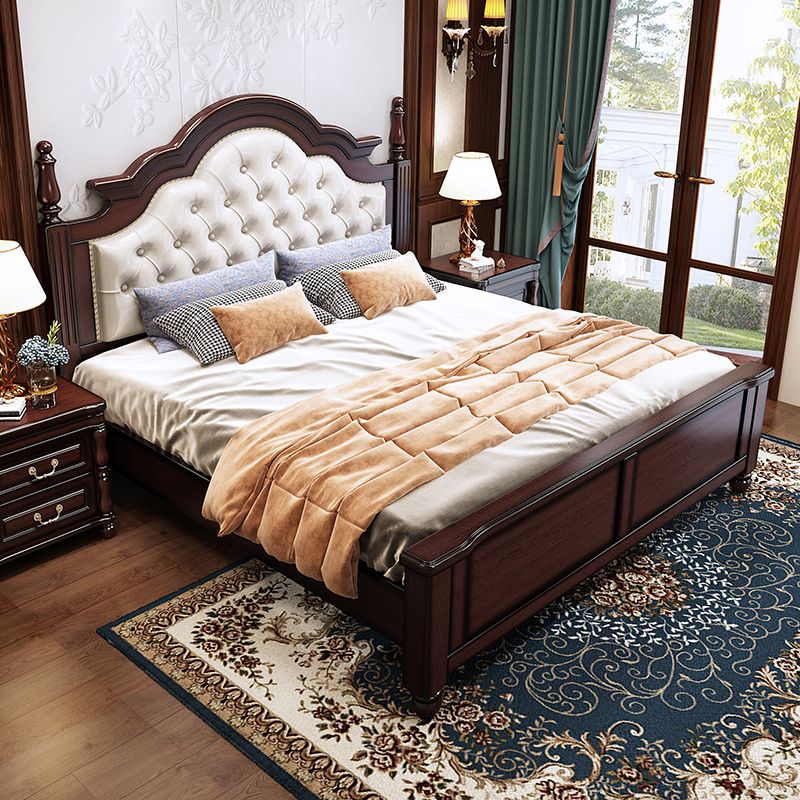 57.08" High Bed Mid-Century Modern Rubberwood Standard Bed with Upholstered Headboard