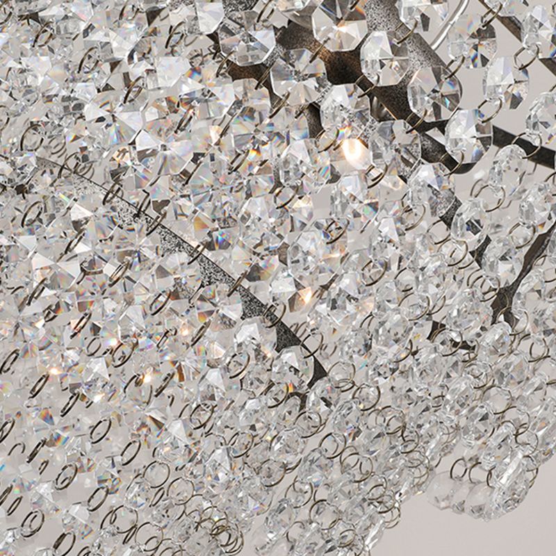Chrome Tiered Round Chandelier Pendant Rustic Crystal Strand Living Room Hanging Light