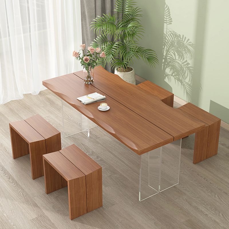 Luxury Wood Table for Restaurant Rectangle Dining Table with Acrylic Double Pedestal Base