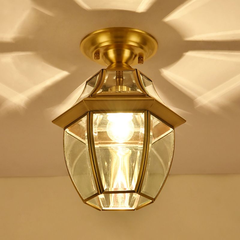 Lantern Bedroom Flush Mount Light Colonial Clear Abgeschrägt Glas 1 Glühbirne Messing Close to Ceiling Lamp
