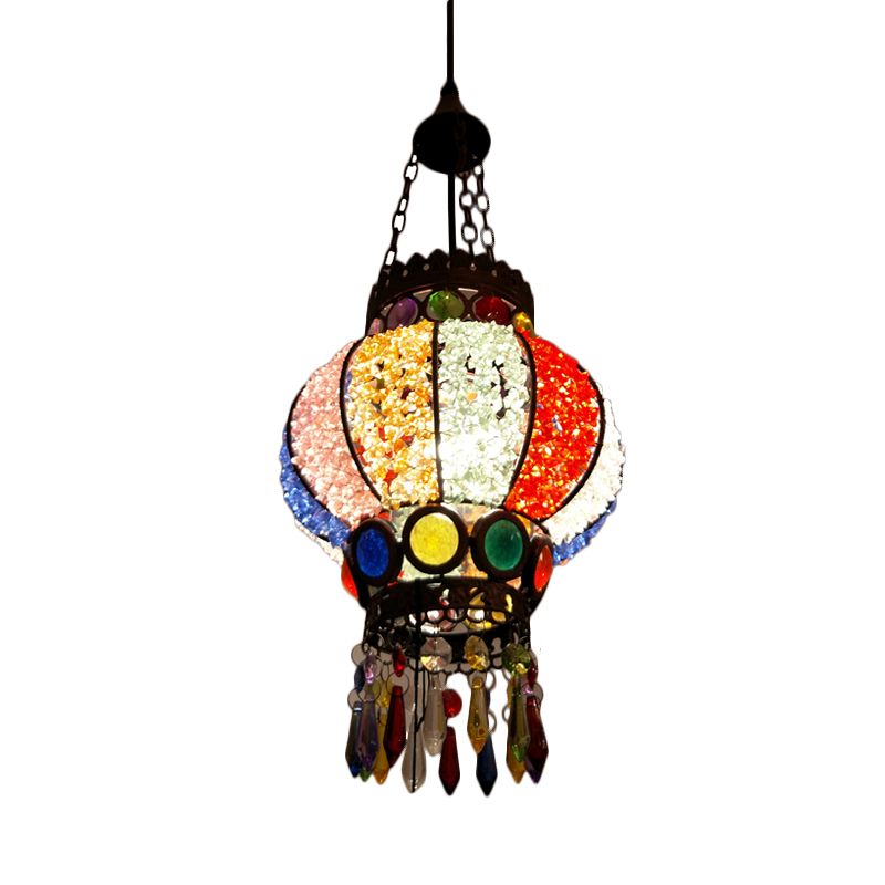 Black Spherical Ceiling Lamp Bohemian Metal Single Head Living Room Suspension Light with Crystal Draping