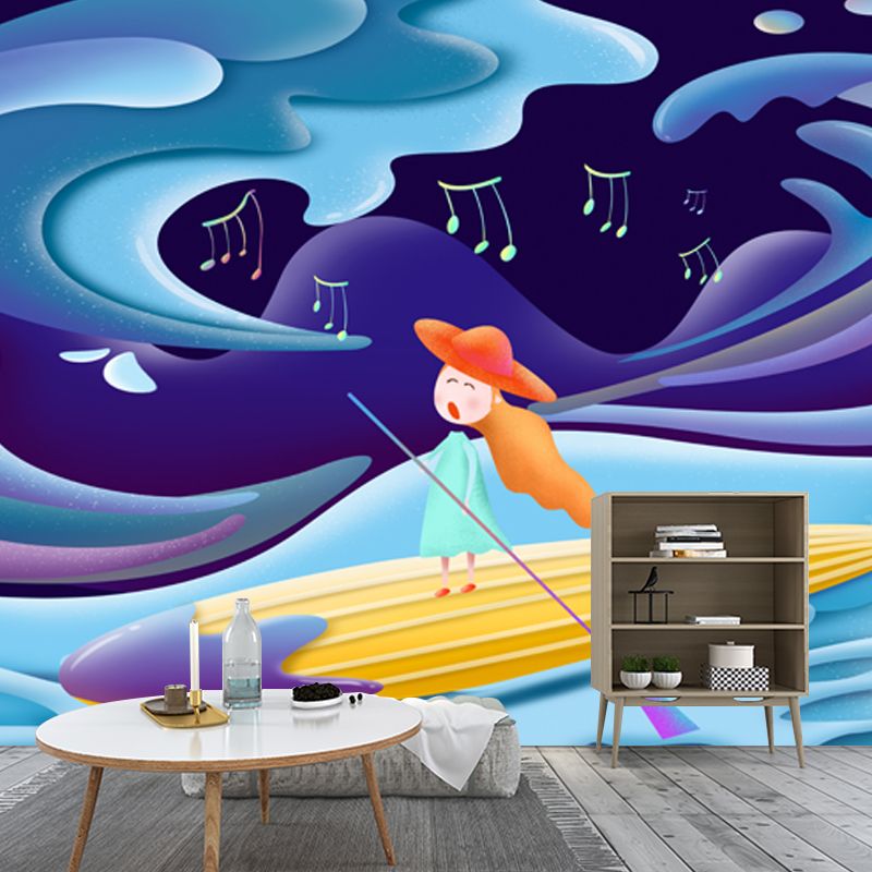 Custom Illustration Childrens Art Mural with Singing Girl Paddling Boat Pattern in Blue