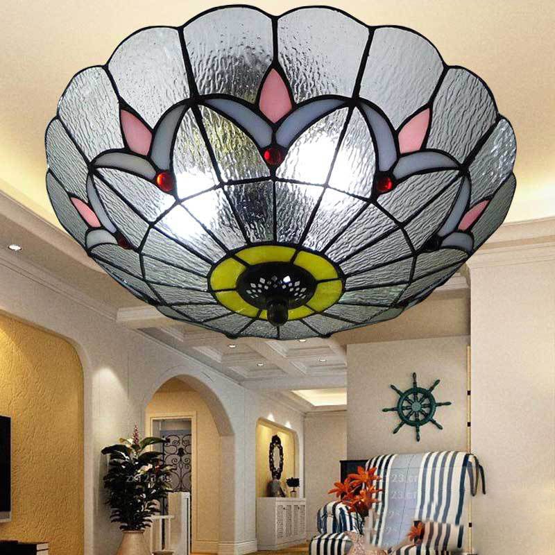 Living Room Ceiling Lights Rustic Style 10"/12" Inch Dome Flush Mount Light Fixture with Jewel Decoration in White/Beige/Blue/Clear
