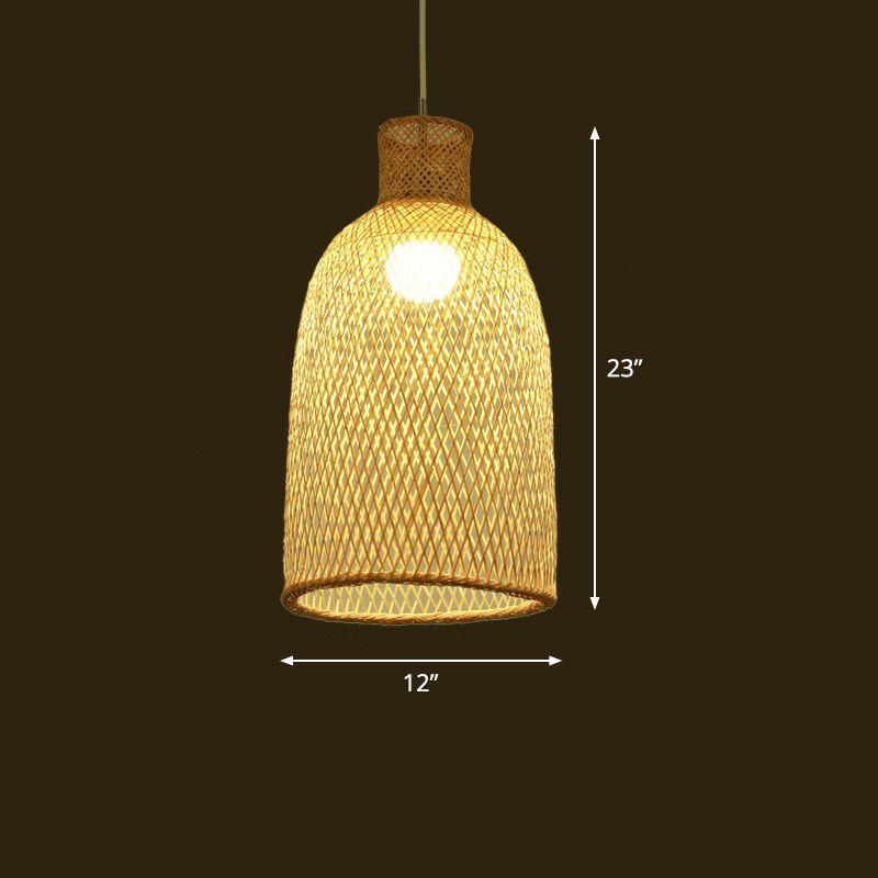 Woven Shade Suspension Light Minimalistic Bamboo 1-Head Beige Hanging Ceiling Light