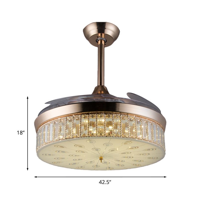 Ventilateur de plafond à chasse d'eau rond moderne 3 lames Crystal LED Semi Flush Flush Mount Éclairage en or, 42,5 "de large