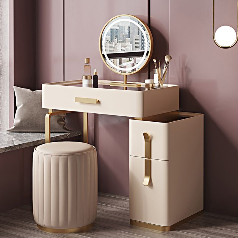 Solid Wood Glass Top Vanity Table Set with Stool & Mirror 25.59" W 3-Drawer Makeup Counter