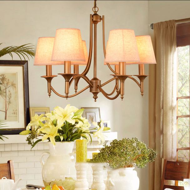 American Style Brass Chandelier Multi-Head Hanging Pendant Lights with Fabric Shade