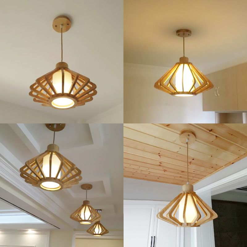 Candelera de madera simple moderna forma de diamante 1 lámpara de madera de goma ligera para restaurante