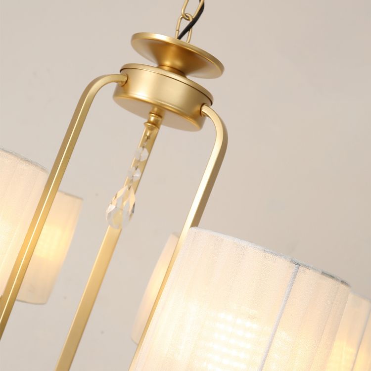 Brass 6 Heads Chandelier Lighting Country Style Fabric Cylinder Pendant Light for Living Room