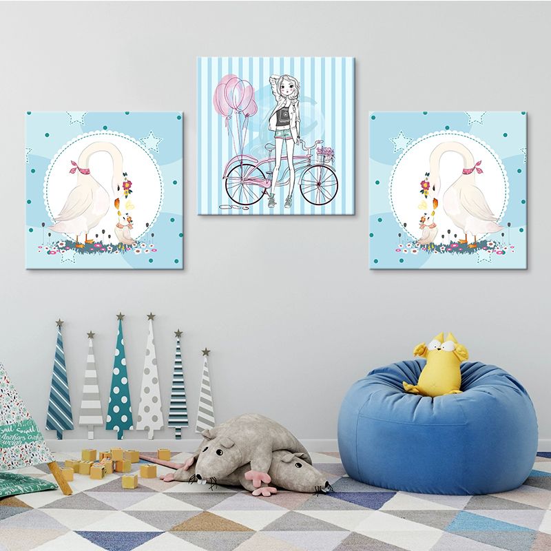 Girl and Swan Wall Art Decor Cartoon Textured Kids Play Room Canvas Print, Set of 3