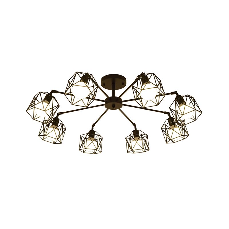Plafonnier semi-encastré à 6/8/10 têtes avec abat-jour à cage hexagonale en métal de style vintage pour salon près du plafonnier en noir